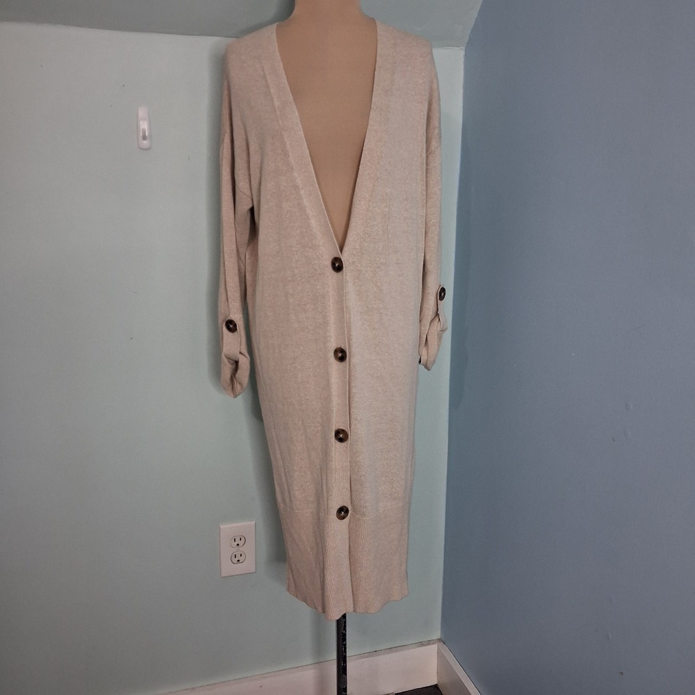 Massimo Dutti Womens XS Linen Blend Longline Cardigan Sweater Oatmeal Beige Knit